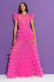 Hot Pink Tulle Gown Maxi Dress