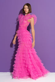 Hot Pink Tulle Gown Maxi Dress