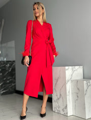 Long Sleeve Ostrich Detail Midi Dress