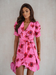 Short Sleeve V Neck Ruching Front Mini Summer Dress