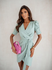 Short Sleeve V Neck Ruching Front Mini Summer Dress