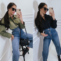 Long Sleeve Blouse Bottom Jeans Jumpsuit