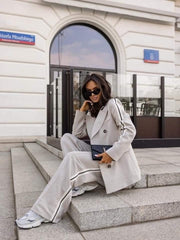 Double Breasted Blazer Side Stripe Matching Two Piece Set Straight Pants