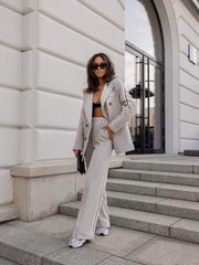 Double Breasted Blazer Side Stripe Matching Two Piece Set Straight Pants