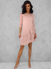 3/4 Sleeve Ruffle Bottom Mini Midi Dress