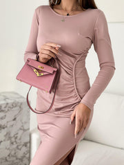 Long Sleeve Ruching Side Body Con Midi Maxi Dress