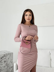 Long Sleeve Ruching Side Body Con Midi Maxi Dress