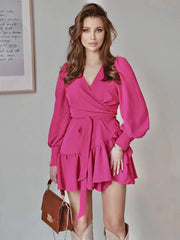 Long Sleeve Ruffle Tie Waist Wrap Flutter Sleeve Mini Summer Dress