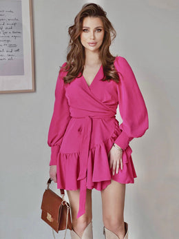 Long Sleeve Ruffle Tie Waist Wrap Flutter Sleeve Mini Summer Dress