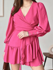 Long Sleeve Ruffle Tie Waist Wrap Flutter Sleeve Mini Summer Dress