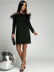 Off The Shoulder Feather Long Sleeve Mini Dress