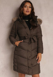 Midi Length Pockets Detachable Fur & Hood Puffer Jacket