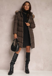 Midi Length Pockets Detachable Fur & Hood Puffer Jacket