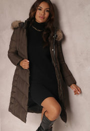 Midi Length Pockets Detachable Fur & Hood Puffer Jacket