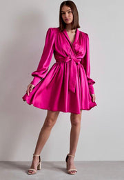 Hot Pink Red Long Sleeve Decorative Cuff Satin Wrap Mini Dress