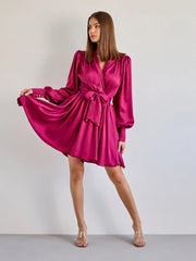Hot Pink Red Long Sleeve Decorative Cuff Satin Wrap Mini Dress