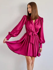 Hot Pink Red Long Sleeve Decorative Cuff Satin Wrap Mini Dress