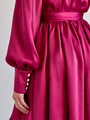 Hot Pink Red Long Sleeve Decorative Cuff Satin Wrap Mini Dress