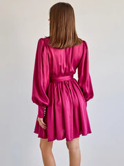 Hot Pink Red Long Sleeve Decorative Cuff Satin Wrap Mini Dress