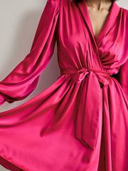 Hot Pink Red Long Sleeve Decorative Cuff Satin Wrap Mini Dress