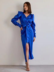 Royal Blue Red Wrap Satin Midi Maxi Dress