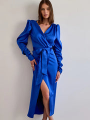 Royal Blue Red Wrap Satin Midi Maxi Dress