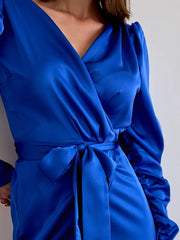 Royal Blue Red Wrap Satin Midi Maxi Dress