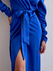 Royal Blue Red Wrap Satin Midi Maxi Dress