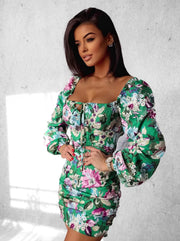 Tied Front Puff Sleeve Floral Mini Summer Dress