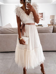 Sleeveless Off The Shoulder Tulle Polka Dots Midi Summer Dress