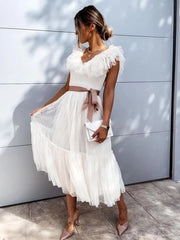 Sleeveless Off The Shoulder Tulle Polka Dots Midi Summer Dress