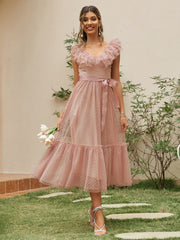 Sleeveless Off The Shoulder Tulle Polka Dots Midi Summer Dress