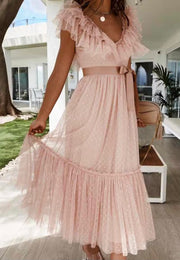 Sleeveless Off The Shoulder Tulle Polka Dots Midi Summer Dress