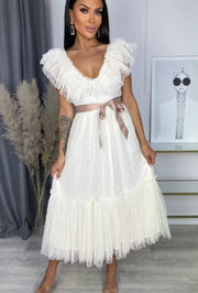 Sleeveless Off The Shoulder Tulle Polka Dots Midi Summer Dress