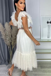 Sleeveless Off The Shoulder Tulle Polka Dots Midi Summer Dress