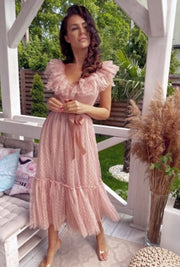 Sleeveless Off The Shoulder Tulle Polka Dots Midi Summer Dress