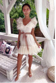 V Neck Tulle Polka Dots Layer Mini Midi Summer Dress