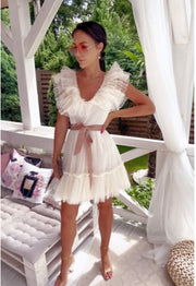 V Neck Tulle Polka Dots Layer Mini Midi Summer Dress