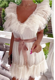 V Neck Tulle Polka Dots Layer Mini Midi Summer Dress