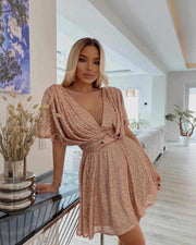 Short Sleeve Mesh Detail Front Knot Open Back Blush Pink Sequin Party Mini Dress