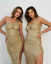 One Shoulder Sequin Leg Split Midi Maxi Dress