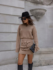 Long Sleeve Mini Skirt Waffle Pattern Flower Decor Matching Set