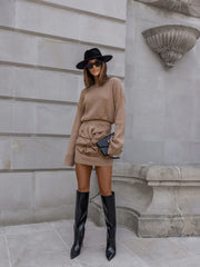 Long Sleeve Mini Skirt Waffle Pattern Flower Decor Matching Set