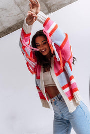 Long Sleeve Fringe Striped Cardigan