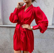 Hot Pink Red Long Sleeve Decorative Cuff Satin Wrap Mini Dress