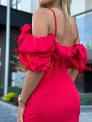 Straps Off The Shoulder Ostrich Feather Mini Midi Elegant Dress