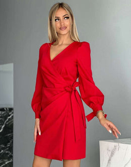 Long Sleeve Tie Cuff Wrap Dress Mini Midi Dress