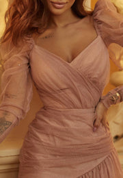 Sheer Long Sleeve Sparkle Mini Nude Dress