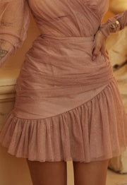 Sheer Long Sleeve Sparkle Mini Nude Dress