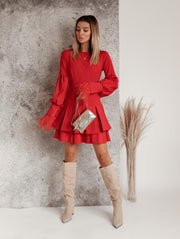 Long Sleeve Decorative Sleeve Ostrich Feather Cuff Pleated Bottom Mini Dress